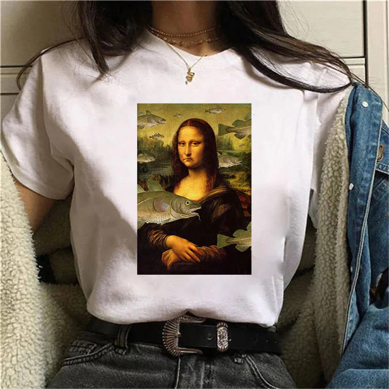 Funny Mona Lisa Print T-shirt Women\'s Humourous Graphic T Shirts Vintage Harajuku Tees Crop Top with Short Sleeve Female Blous