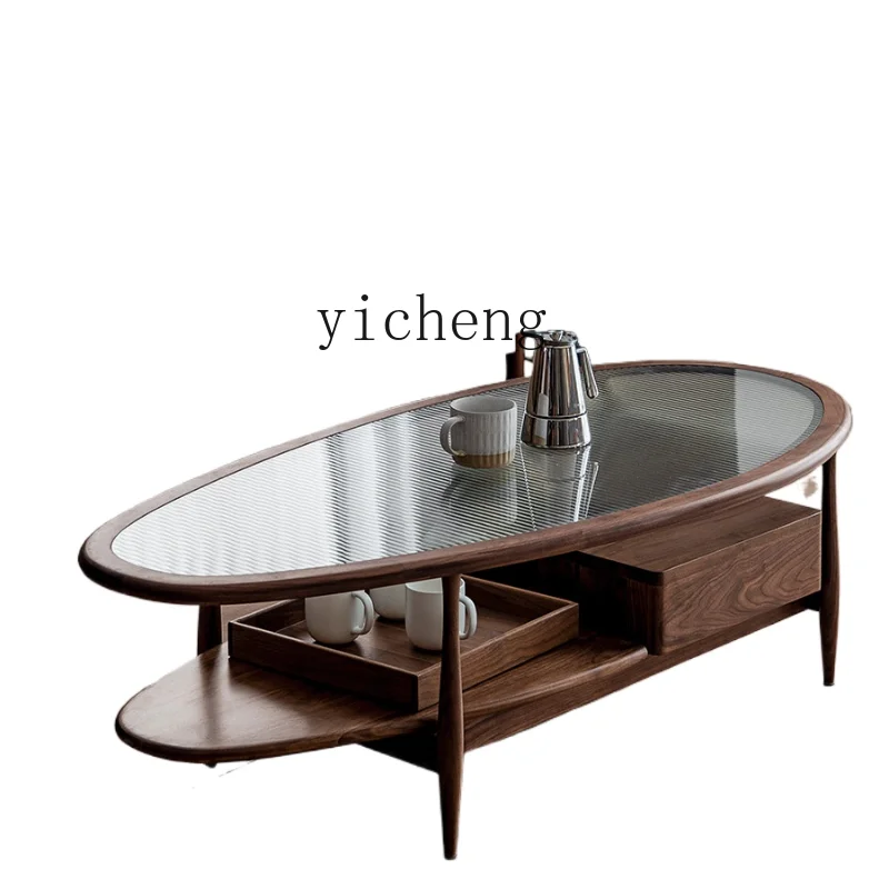 

ZK Tea Table Solid Wood Tea Table Black Walnut Light Luxury and Simplicity Tempered Changhong Glass Living Room Furniture