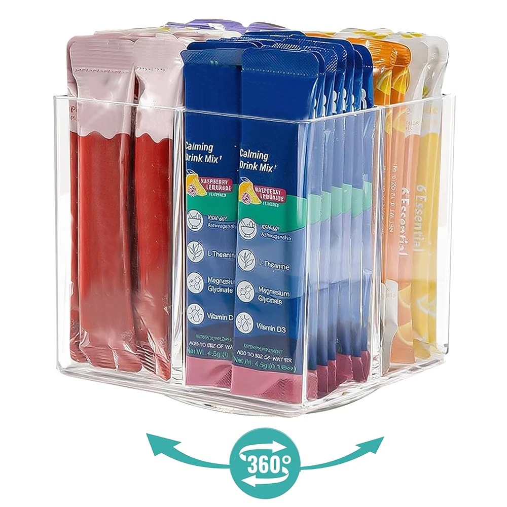 360° Spinning Drink Packet Organizer Plastic 4-Section Clear Storage for Kitchen Pen Cosmetic Storage Caddy