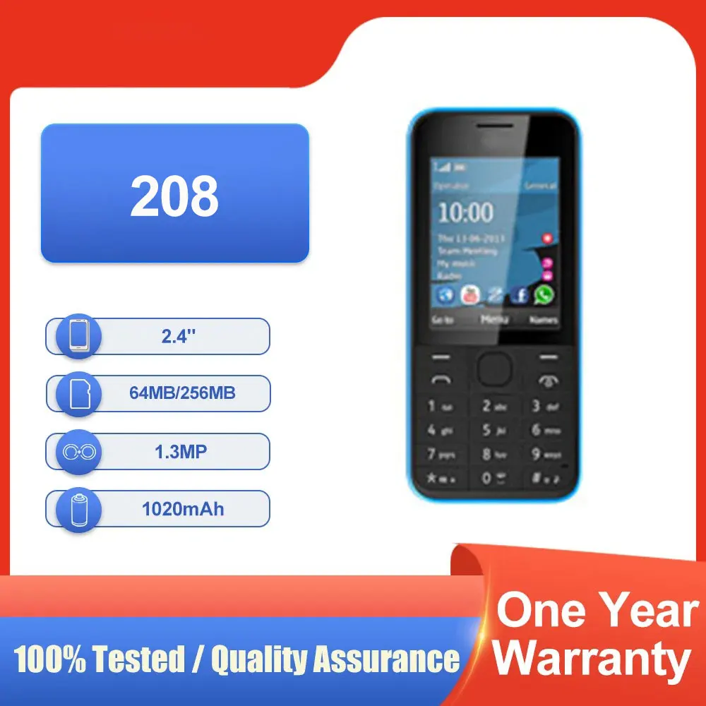 هاتف محمول أصلي غير مقفول 208 بشريحتين 64 ميجابايت رام 256 روم بلوتوث MP3/MP4 2.4 بوصة شحن سريع للهاتف المحمول بحالة جيدة