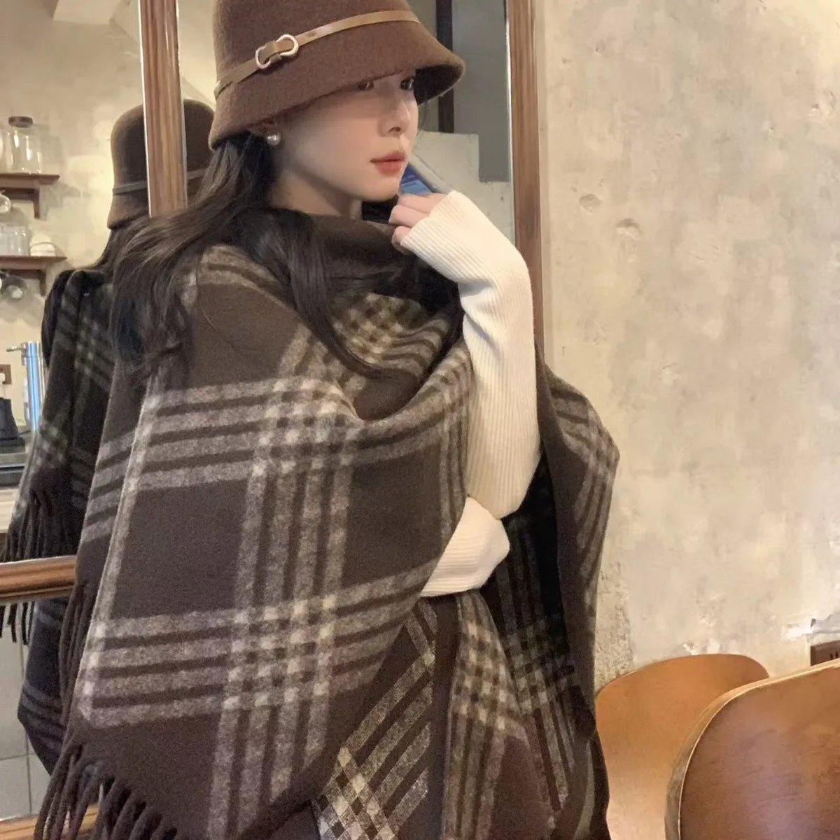 

Винтажная большая шаль в британском стиле, женское осенне-зимнее высококачественное теплое пончо