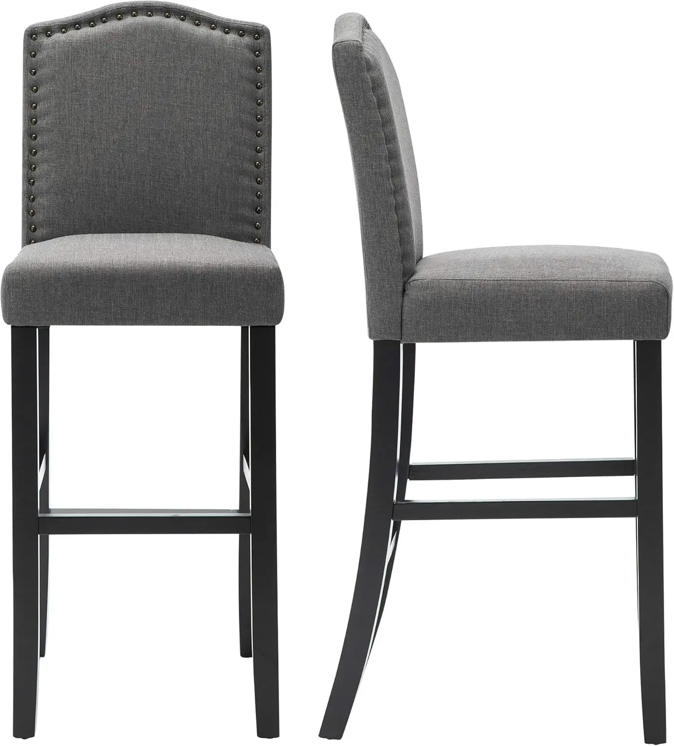 

Bar Stools Set of 2, 29 Inch Upholstered Fabric Barstool with Back Solid Wood Legs Nail Head, Bar Chairs, Grey