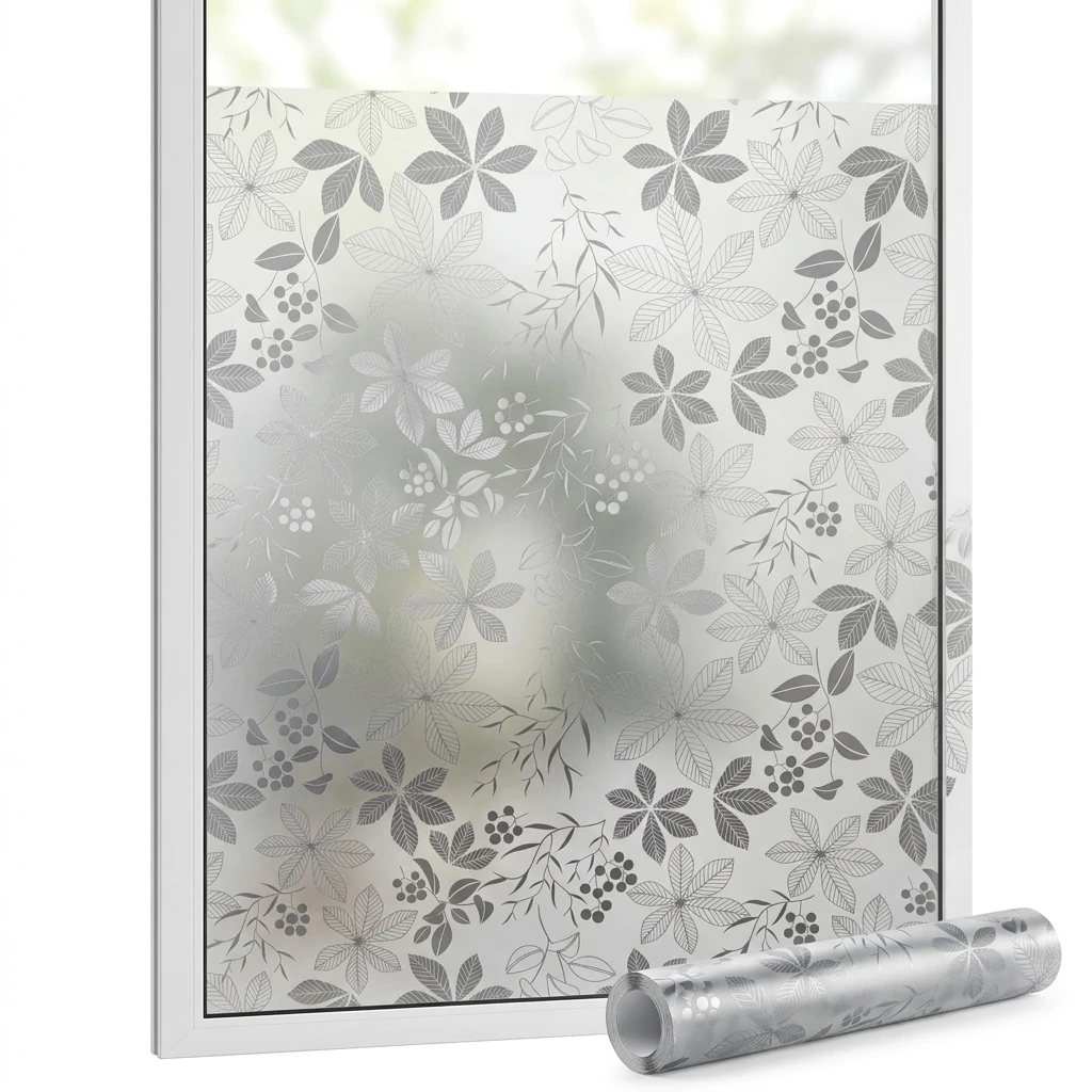 Watercolor Purple Floral Self-Adhesive Window Privacy Film, Frosted Decorative Glass Sticker, UV Blocking Removable Window Cover