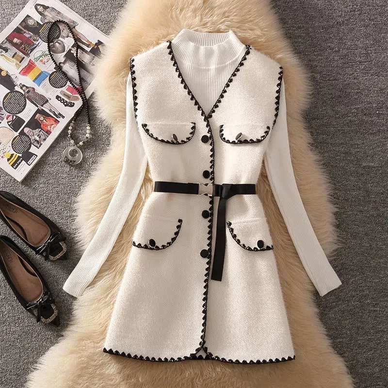 Black Vintage Mink Cashmere Mid-Length Vest Jacket Elegant Belted Long Waistcoat And Knitted Sweater 2 Piece Sets Women Outfits