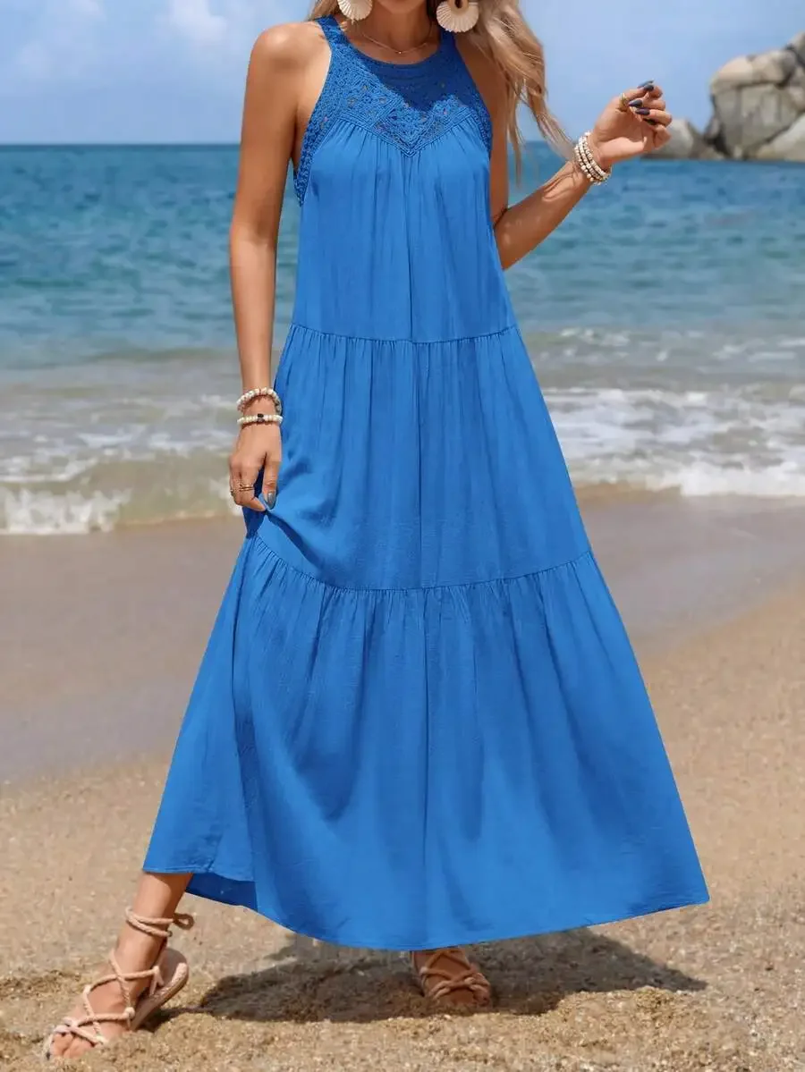 

Women Summer Sleeveless Halter Boho Maxi Dress Solid Color Beach Vacation Loose Long Sundress