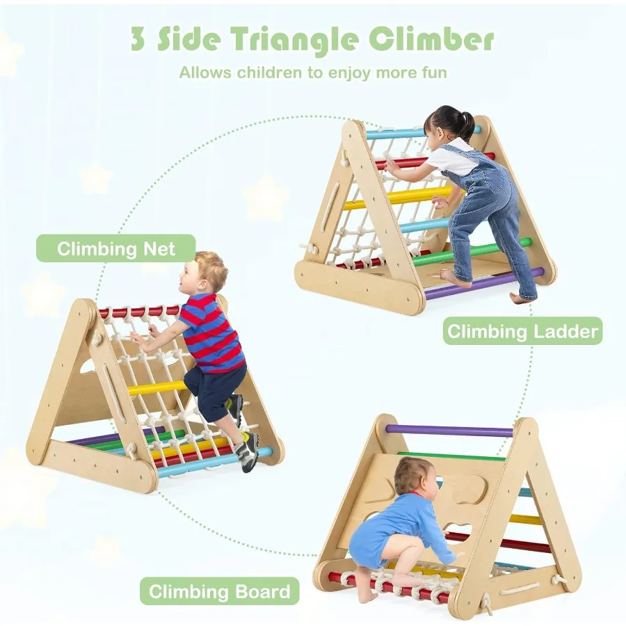 4in1 Triangle Climber with Ramp 3Side Climbing Triangle Ladder with Net Rope and Bars Wooden Montessori Climbing Toys for Toddl