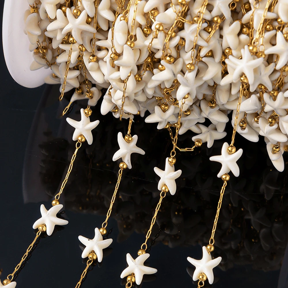 1M Gold Stainless Steels Beach White Natural Stone Starfish Charm Chain Boho Bracelet Neckalce Holiday Jewelry Making Component