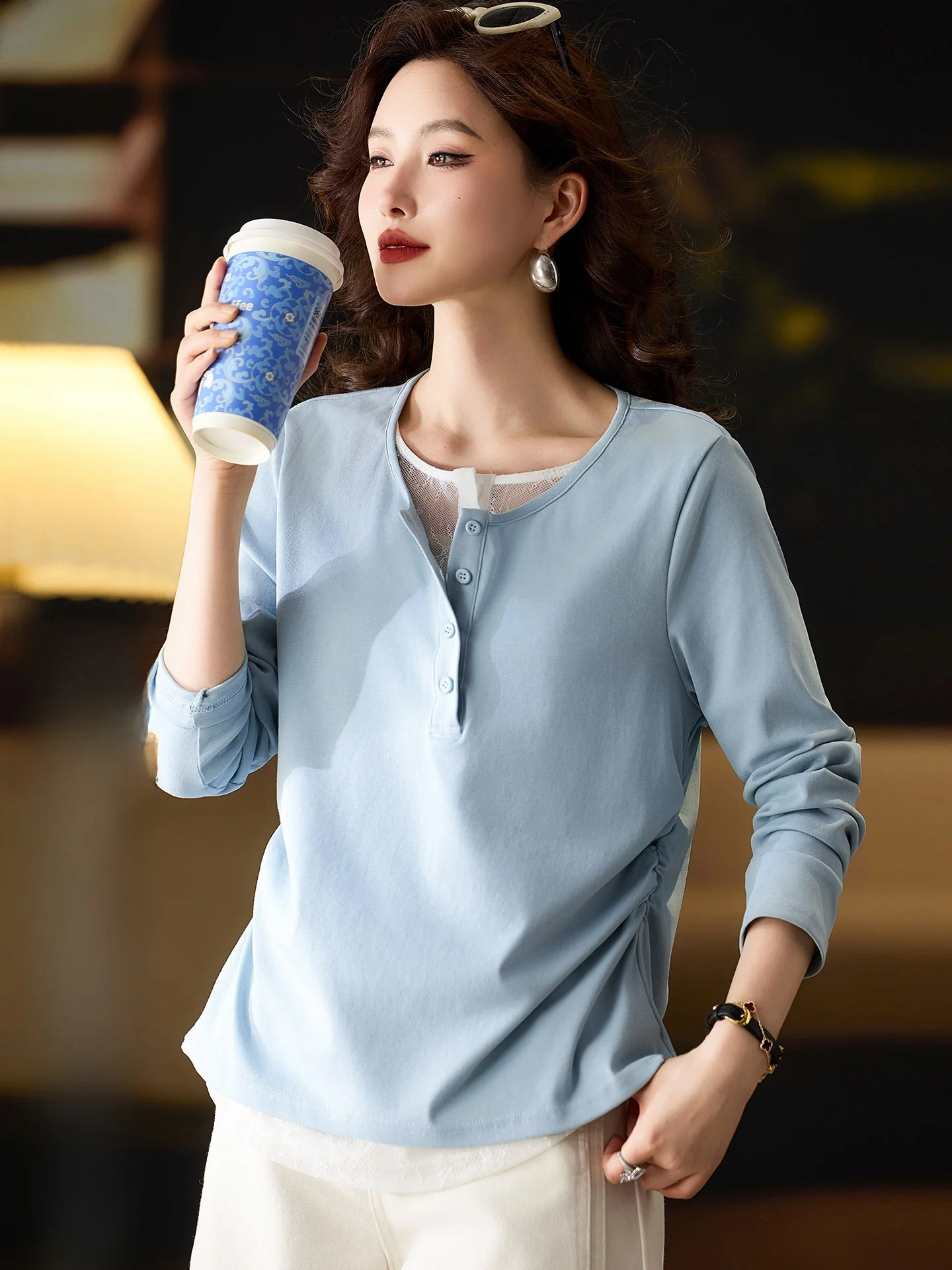 

Faionable Long Sve Lace T-irt Women's plus Size Spring New Arrival Street Sle Cotton Blend Comfortable Breathable