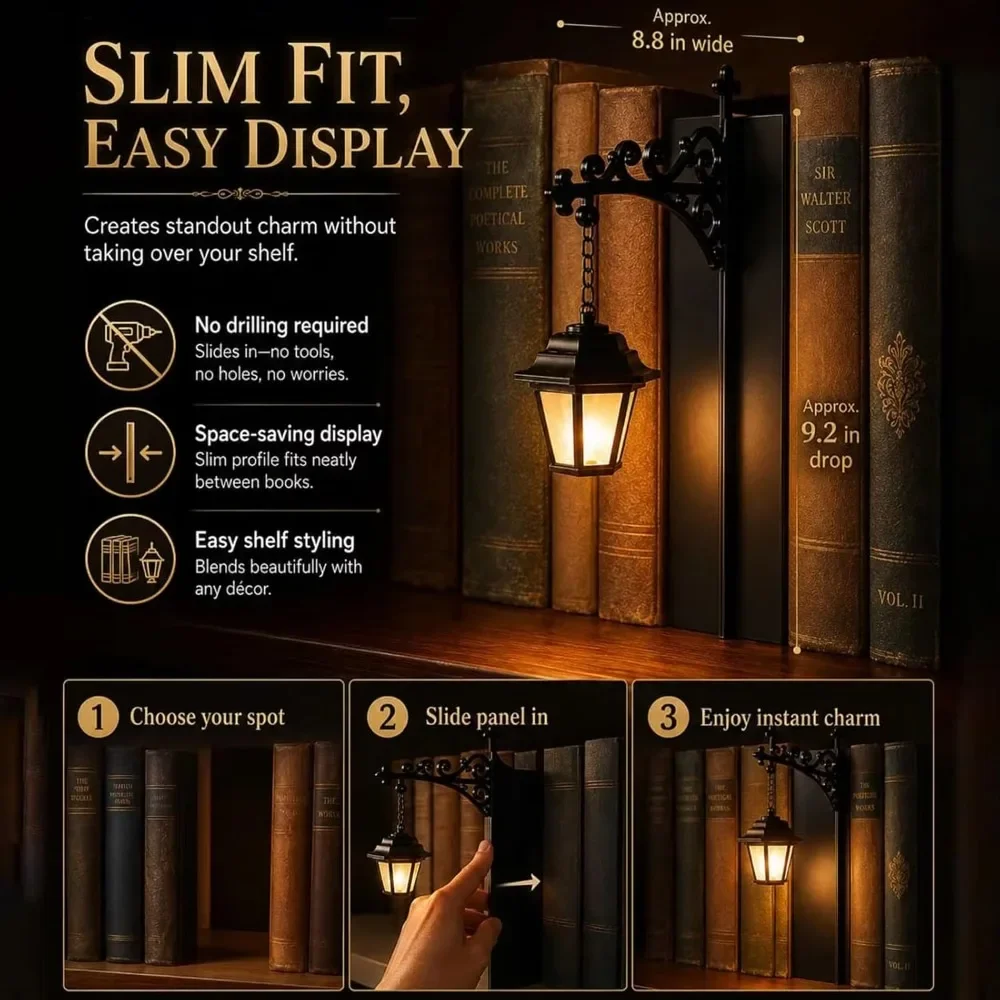 Bookshelf Lamp Vintage Library Lantern LEDNight Light Warm Glow Bookcase Decor Reading Lighting for Study Room Bedroom Halloween