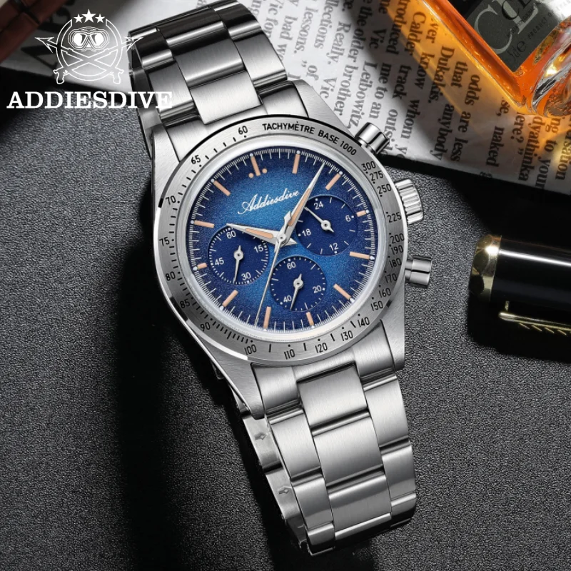 ADDIESDIVE Hot Sale Men Leisure Watch 316L Stainless Steel 0S20 C3 Vintage Luminous 100m Waterproof Quartz Chronograph Watch
