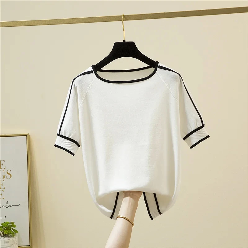 Summer Short Sleeve Tops Casual Thin Knitted T-Shirt Camisetas Mujer Elegant Woman Clothes Striped Fashion Tee Shirt Femme 18841