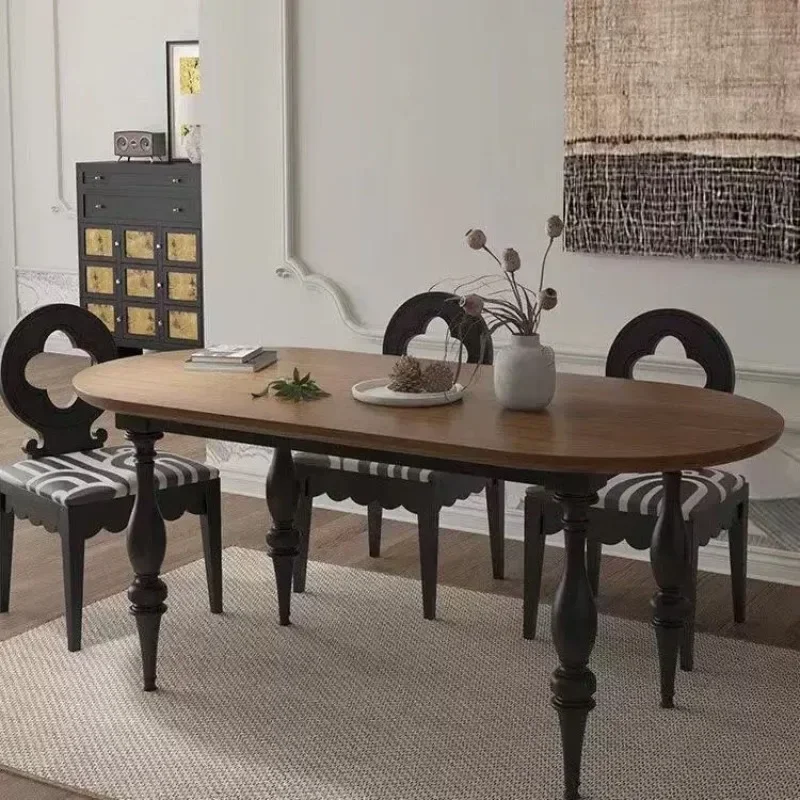 Small household oval dining table medium antique black retro log long table