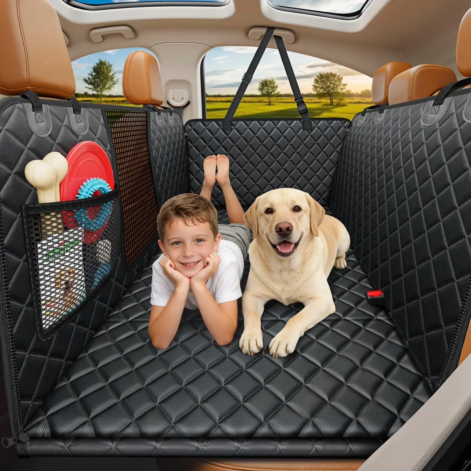 

Hard Bottom Dog Car Seat Cover for Back Seat, Pet Hammock with Mesh Window & Side Flaps for SUV Travel