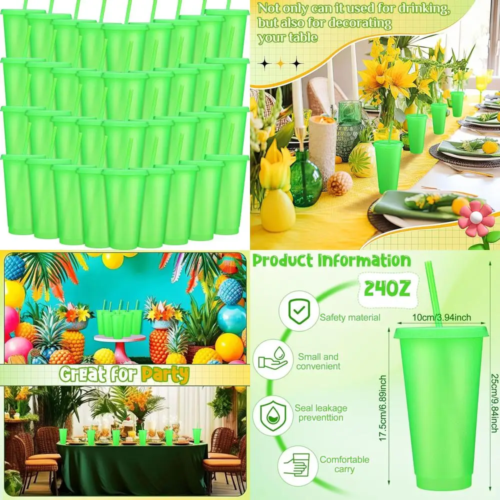 

Glittery 60-Pack Travel Mugs with Straw & Lid, 24-27 oz, Reusable Iced Coffee Cups, Party Favors, Fluorescent Green
