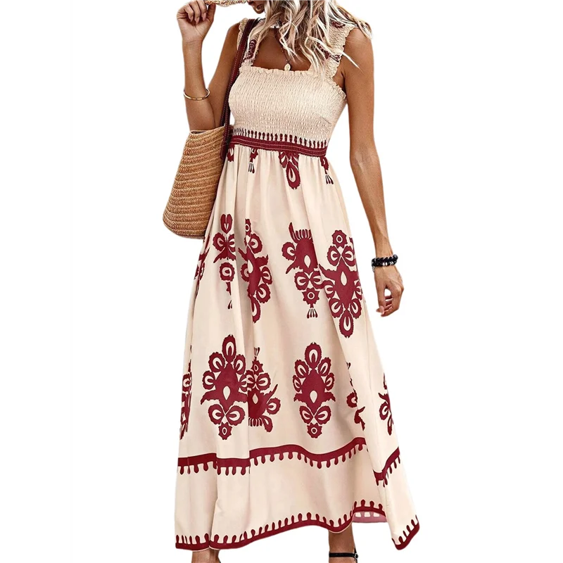 【Party-Decoration】Womens Square Neck Boho Maxi Dress Casual Long Spring Summer Dresses Sundresses For Women Beach Vacation 2025