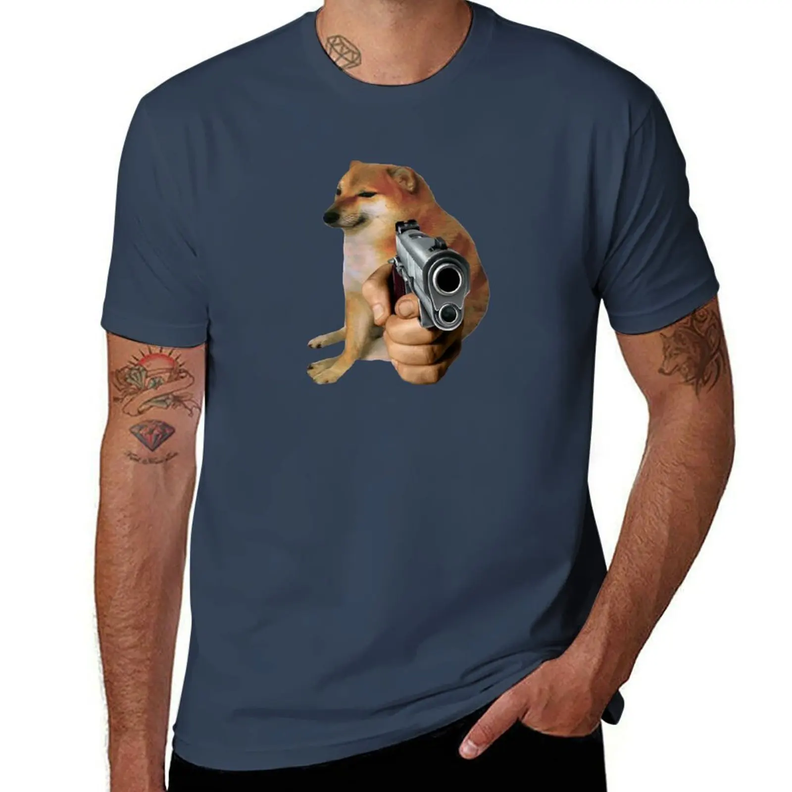 Cheems Doge Gun T-Shirt Casual Street Style Short Sleeve Tee