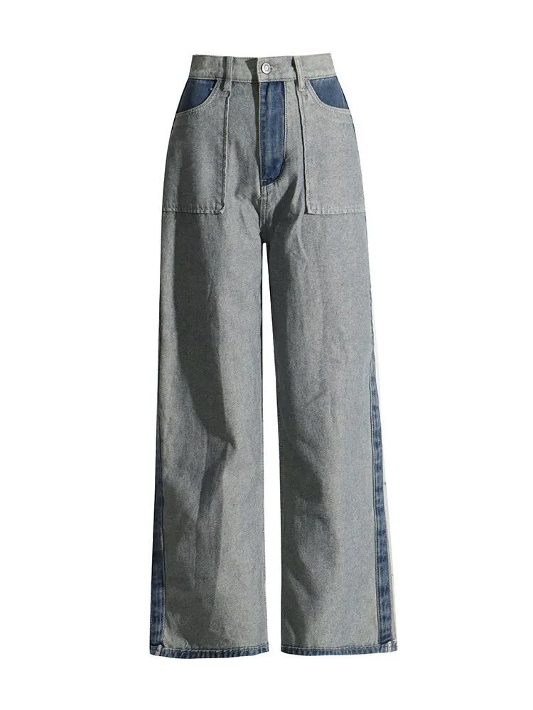 ECR-Jean Décontracté en Denim pour Femme, Pantalon à Jambes Larges, Taille Haute, avec Poches en Patchwork, Vintage, à la Mode, Nouvelle Collection