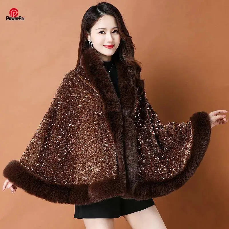 Fashion Shiny Paillette Faux Rex Rabbit Fur Cape Coat Winter Thicken Lining Warm Party Dress Cloak Shawl Women Wraps New