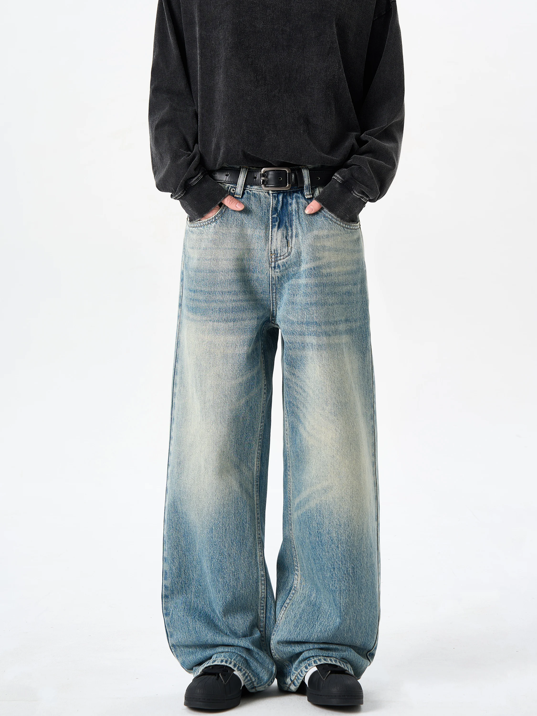 

Американские джинсы свободного кроя с синей талией, мужские повседневные прямые брюки, брюки для отдыха Cleanfit для подростков