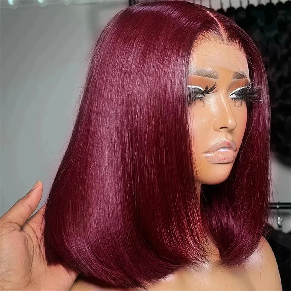 99J Burgundy 13x4 Bob Straight Pre Plucked Wigs Short Brazilian Synthetic Wigs Transparent Lace Front Wig