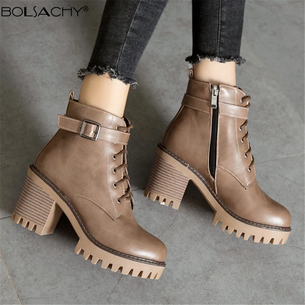 2024 Black Platform Ankle Boots Women Winter PU Leathe Lace-Up  Thick High Heels Motorcycle Botas Mujer Brown Yellow 33-43