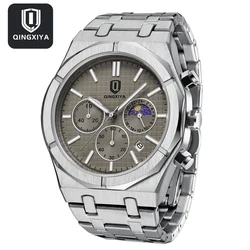 QINGXIYA Fashion Moon Phase Quartz Watch for Men Stainless Steel Waterproof Luminous Chronograph Watches Mens Relogio Masculino