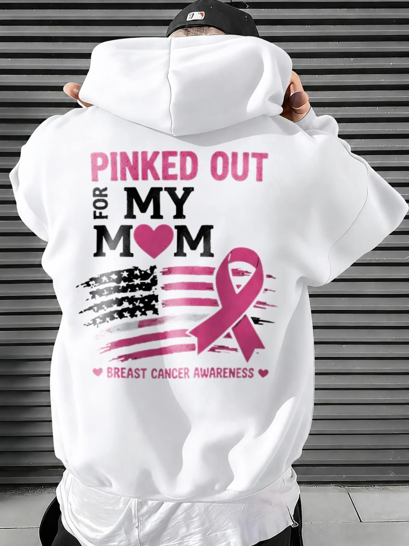 Funny Men'S Hoodie Breast Cancer Awareness Pinked Out for My Mom Print Graphic Hoodie for Men, Casual Long Sleeve Style, Ideal Gift for Supporters And Daily Wear