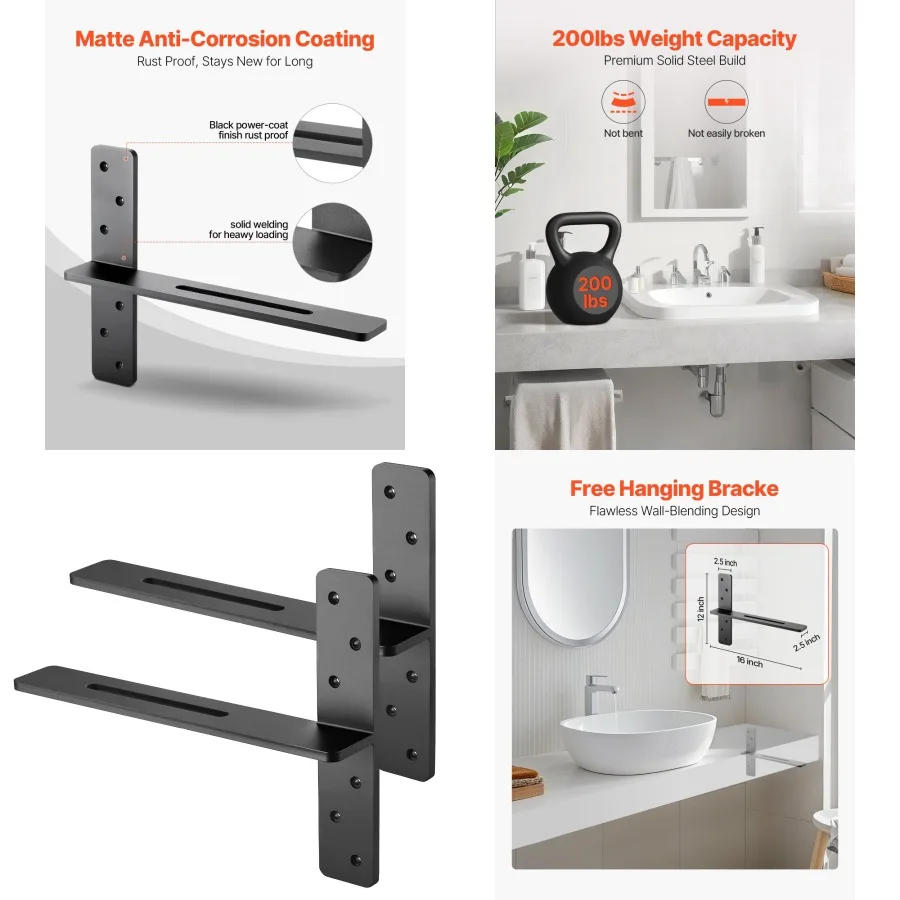 

2 Pcs Shelf Brackets 16 inch 406.4 mm Heavy Duty Floating Shelf Brackets