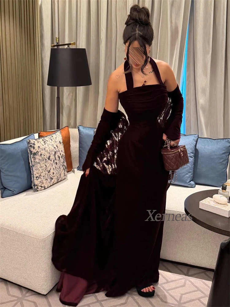 Customized Burgundy Evening Dresses Halter Sexy Cocktail Party Dress for Women Floor Length Ptom Night Gowns