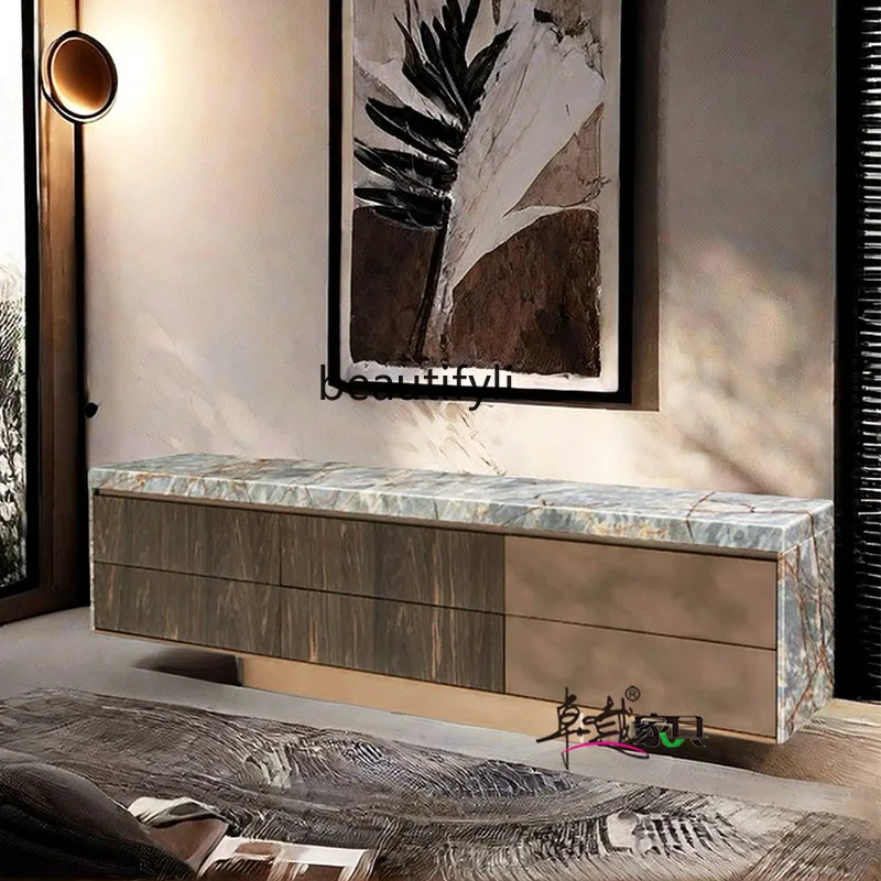 Solid wood locker Modern household six-drawer floor-to-ceiling marble TV cabinet