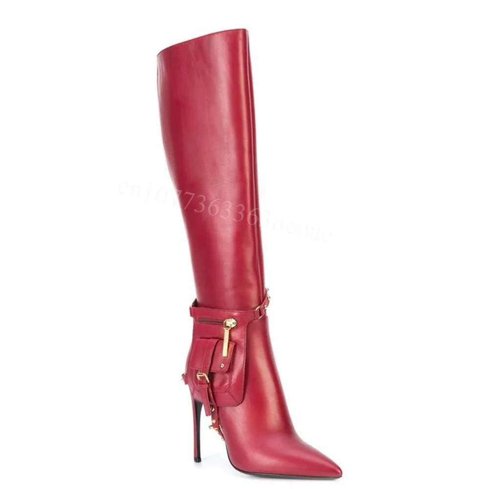 Botas hasta la rodilla con decoración de bolsillo rojo Para mujer, Zapatos de tacón alto fino de cuero mate, Zapatos de moda con punta estrecha, 2024