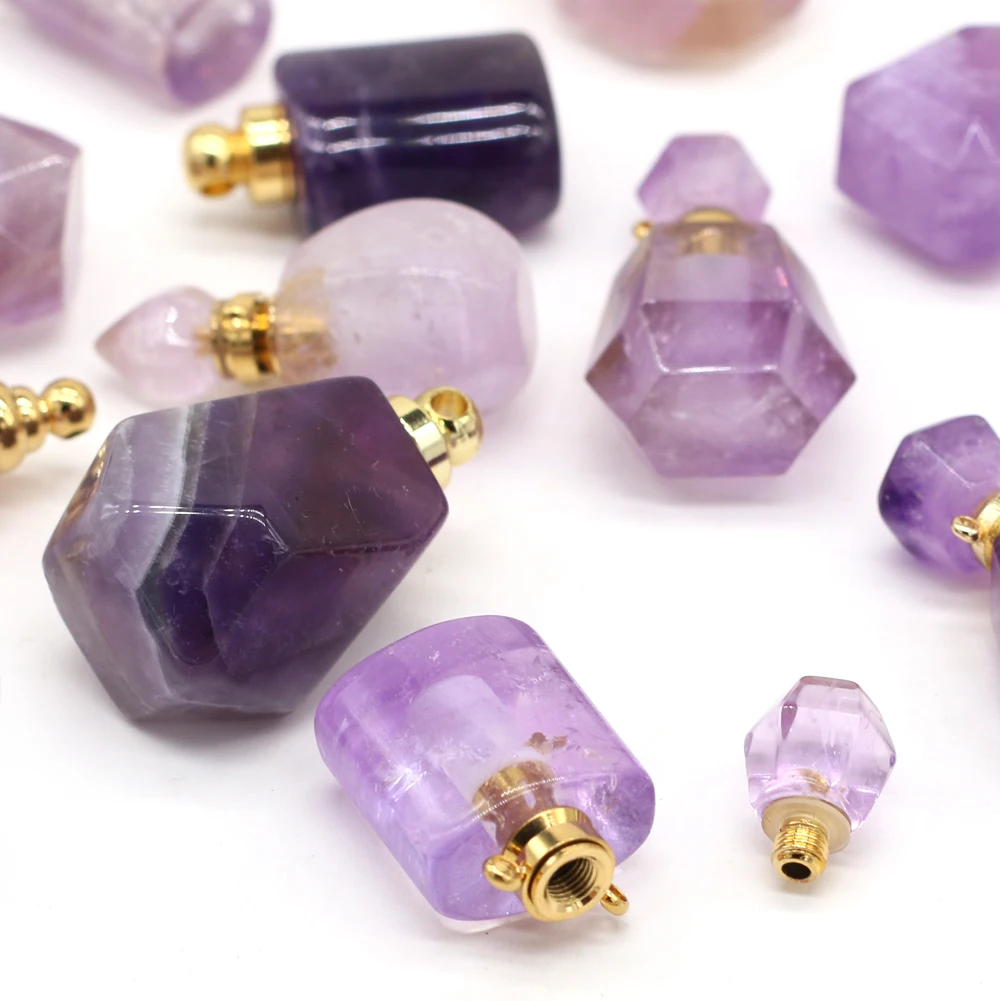 Natural Amethyst Perfume Bottle Pendant Gemstone Essential Oil Vial Charm for DIY Necklace Jewelry Making Supplies Accessories