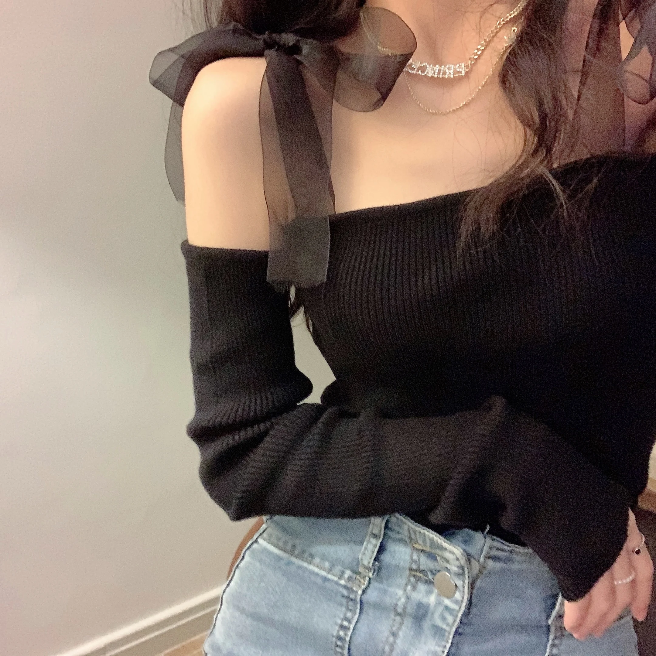 2023 New Autumn Sexy Off Shoulder Sweaters For Women Vintage Mesh Lacing Bow Slim Korean Fashion Crop Sweater Top