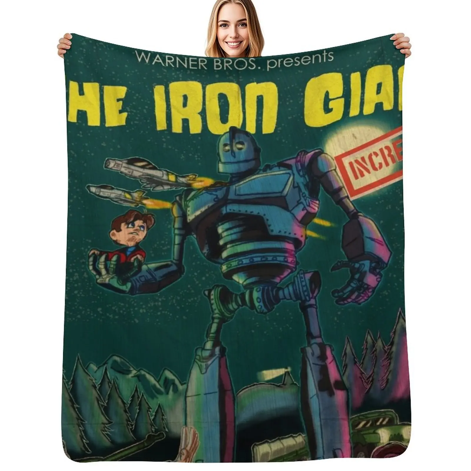 Manta Decorativa de Lujo Gruesa para Sofá, con Diseño del Póster del 20º Aniversario de El Gigante de Hierro, Estilo Manga