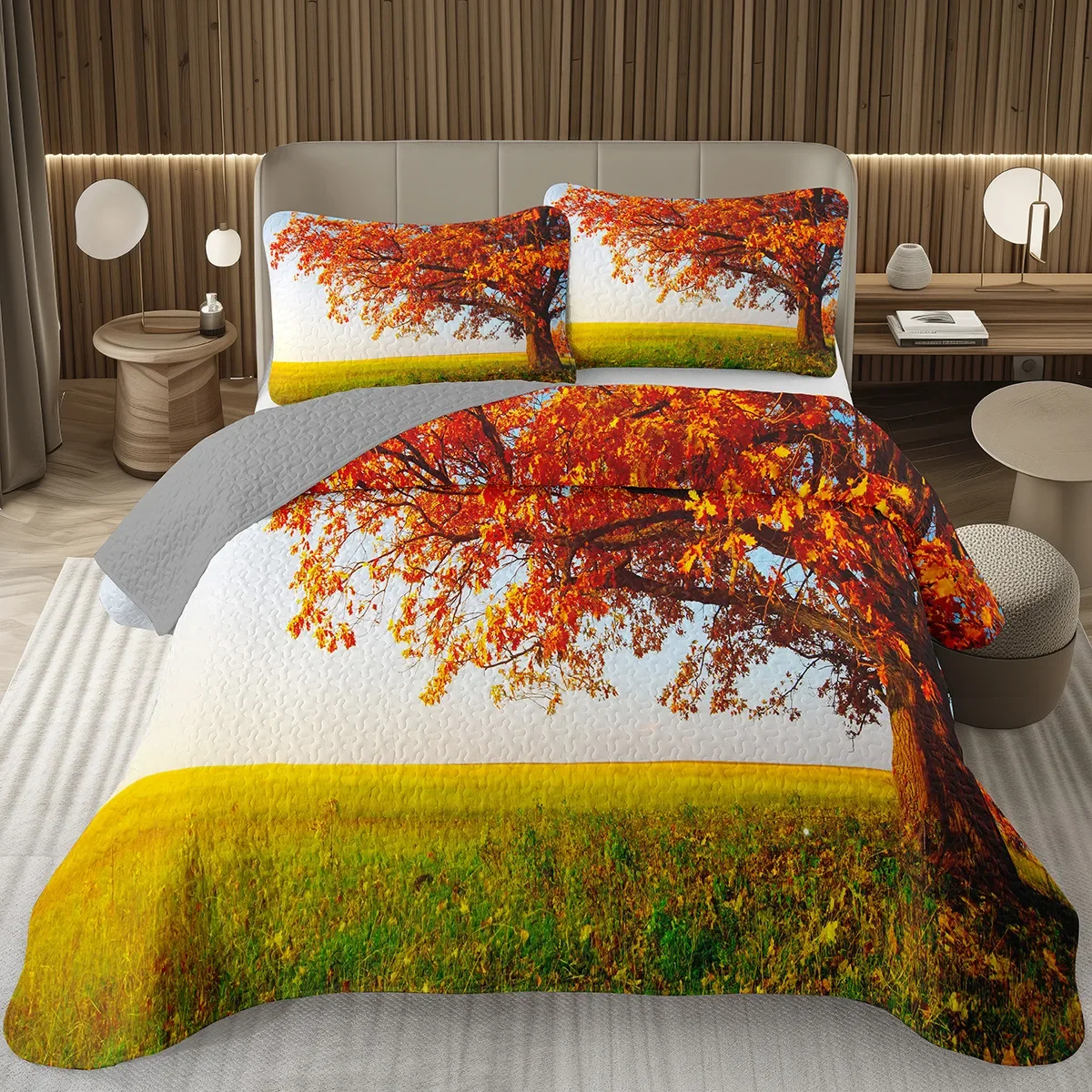 

Fall Maple Leaf Bedspread Twin Queen Rustic Farmhouse Quilted Bedding, Autumn Fallen Leaves Coverlet Set Halloween Room Decor