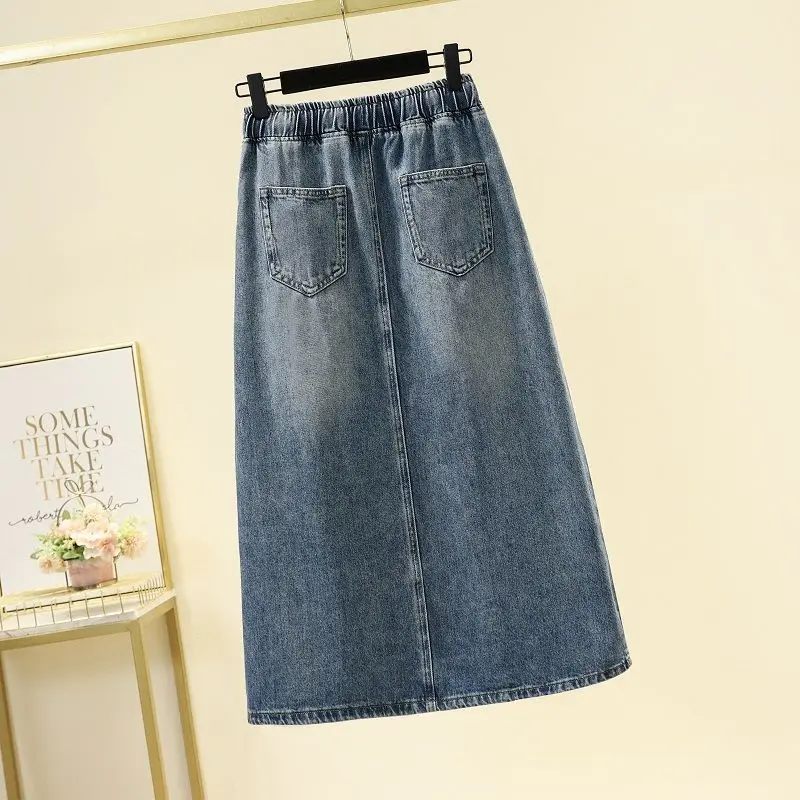 Spring/Summer 2026New Lady Drawstring Elastic Waist Split Denim Skirt High Waist Slim Retro Denim Casual A-Line Skirts Female