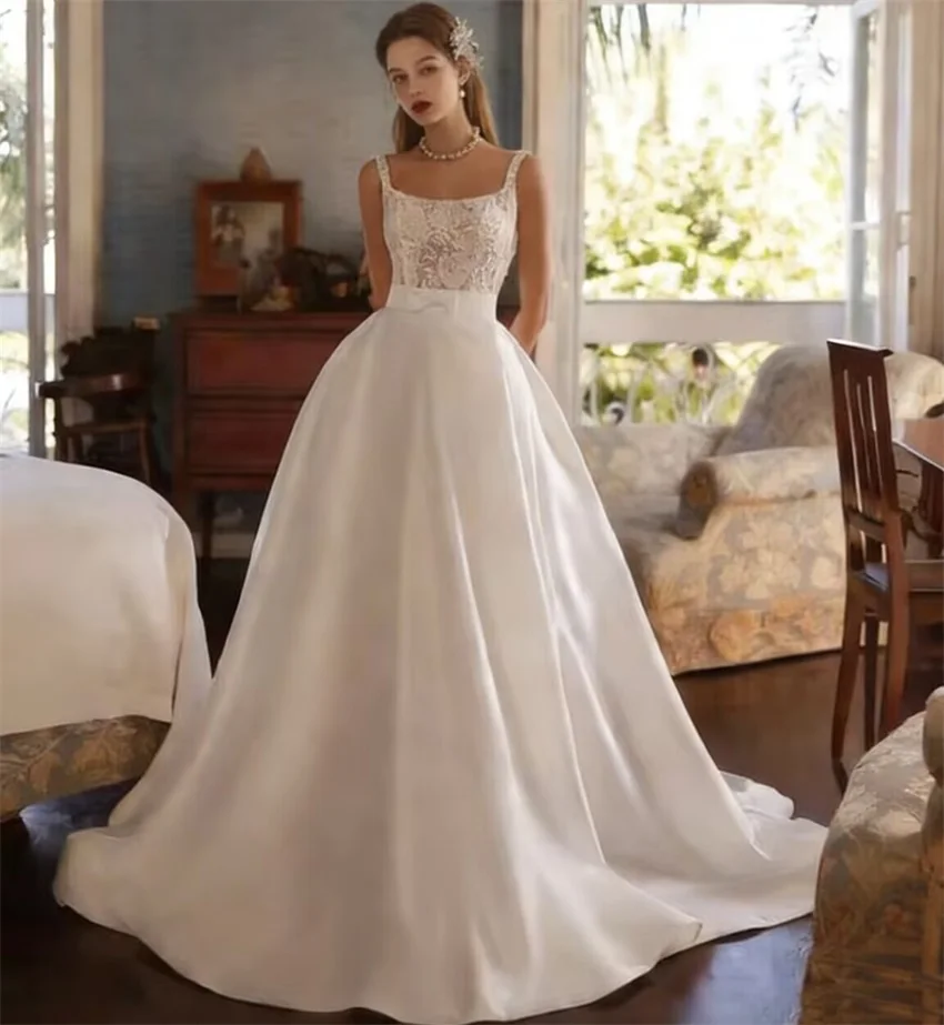 

Customized Two Sets Vintage Luxury Lace Square Collar Short Wedding Dresses With Detachable Long Satin Skirt A-line Bridal Gowns