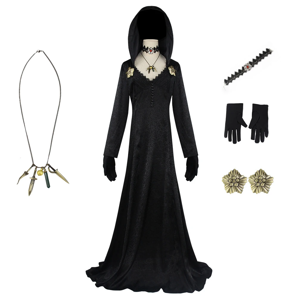 

Lady Village Evil Cosplay Costume Alcina Dimitrescu Black Dress Cloak with Necklace Halloween Vampire Uniform