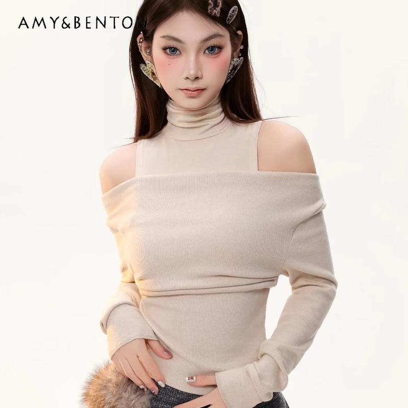 

American Retro Off-Shoulder Stand Collar Design Long Women's T-Shirt Spring New Sweet Cool Sexy Hot Girl Bottoming Shirt Ladies