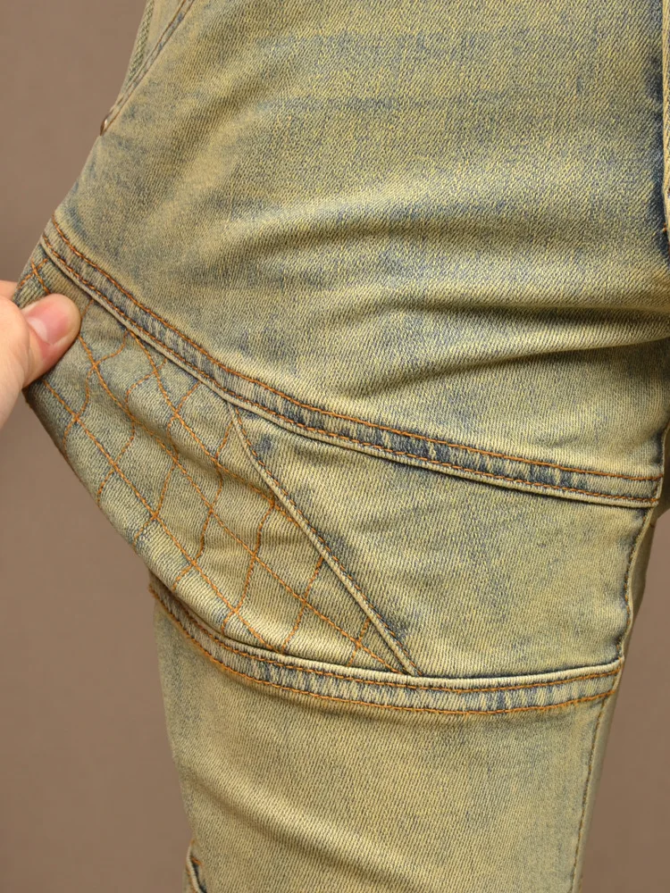 Yellow Mud Color Motorcycle Jeans Men's Stretch Slim Fit Skinny Ruan Handsome Casual Retro Distressed Stitching Men's Pants