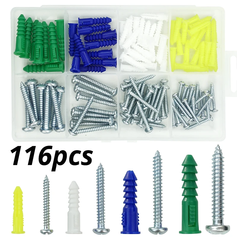 

116pcs Plastic Anchor Wall Screw Plastic Expansion Tube Pipe Wall Plug Expansion Bolt for Wallboard Concrete Picture Hang