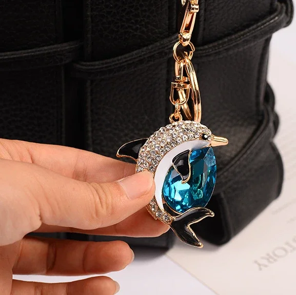 Cute Rhinestone Crystal Blue Water Drop Dolphin Keychain Marine Animal Key Chain Key Ring Holder Pendant Keyring