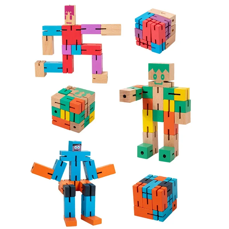 Boneka kayu robot serbaguna kayu anak-anak baru yang dapat diubah bentuk blok bangunan dekompresi mainan otak yang dioperasikan dengan tangan