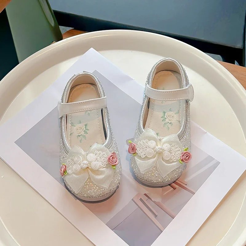 2024 Children Leather Shoes for Girls Summer New Fashion Soft Comfortable Princess Chinese Knot Sweet Flowers Anti-slippery Shoe