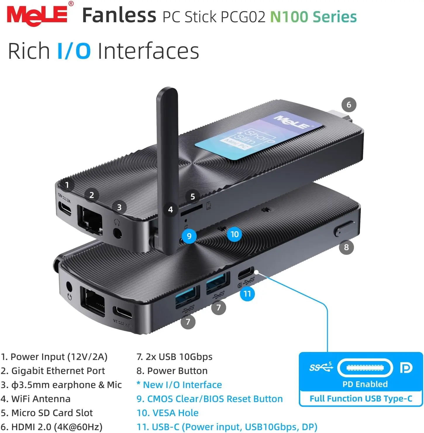 MeLE PCG02 Mini PC Stick senza ventola, micro computer desktop N100 da 8 GB 128 GB 256 GB, supporto accensione automatica, Wi-Fi5 Gigabit Ethernet