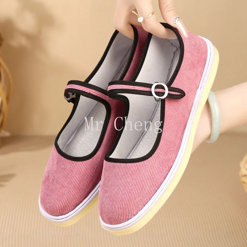 Flats Mary Jane Shoes Women 2024 Trend Velvet Casual Streetwear Ladies Shoes Canvas Buckle Strap Pointed Toe Loafers Elegant