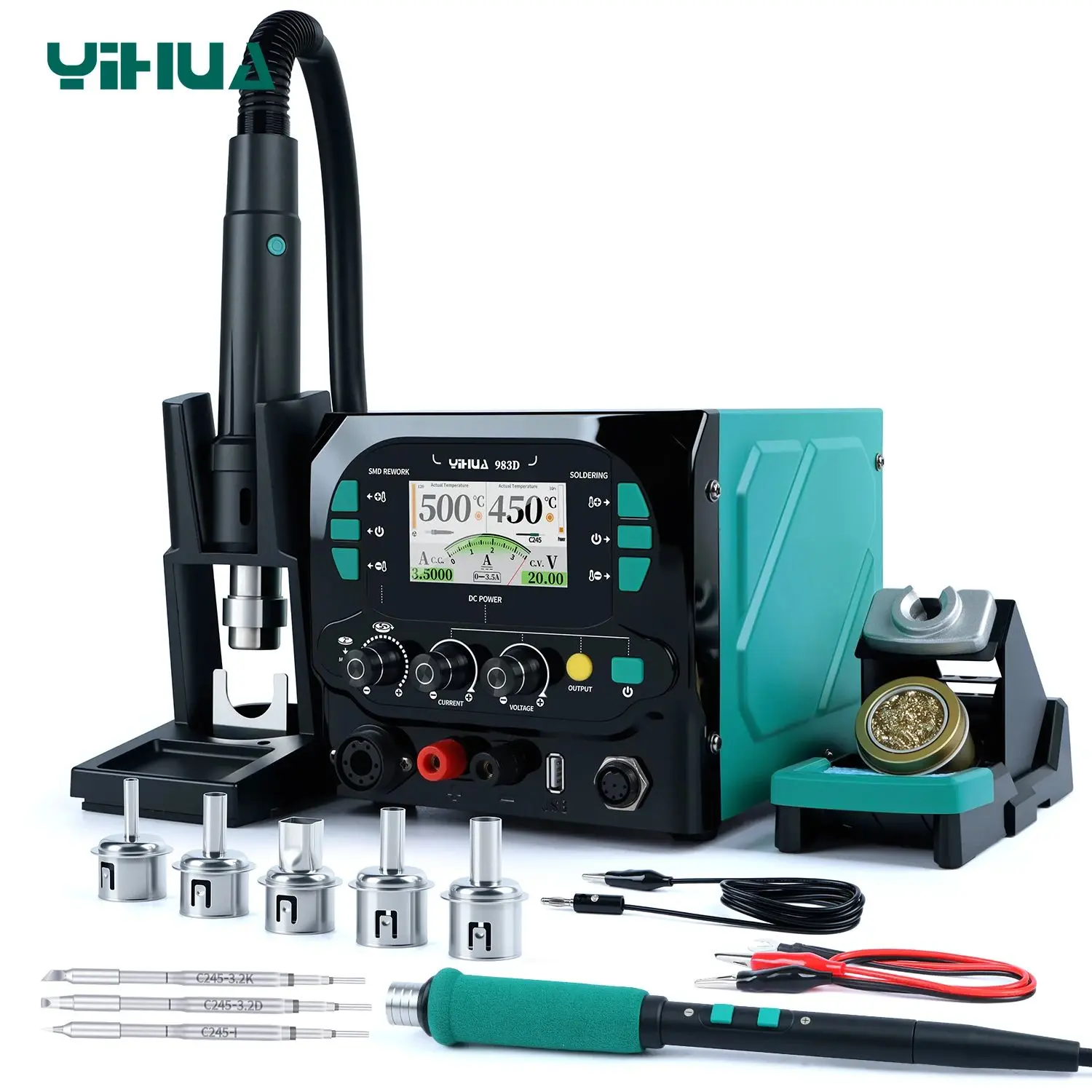 

Professional YIHUA 983D 3-in-1 Soldering Station 1300W Hot Air Gun & C210 C245 Iron & 20V/3.5A Power Supply