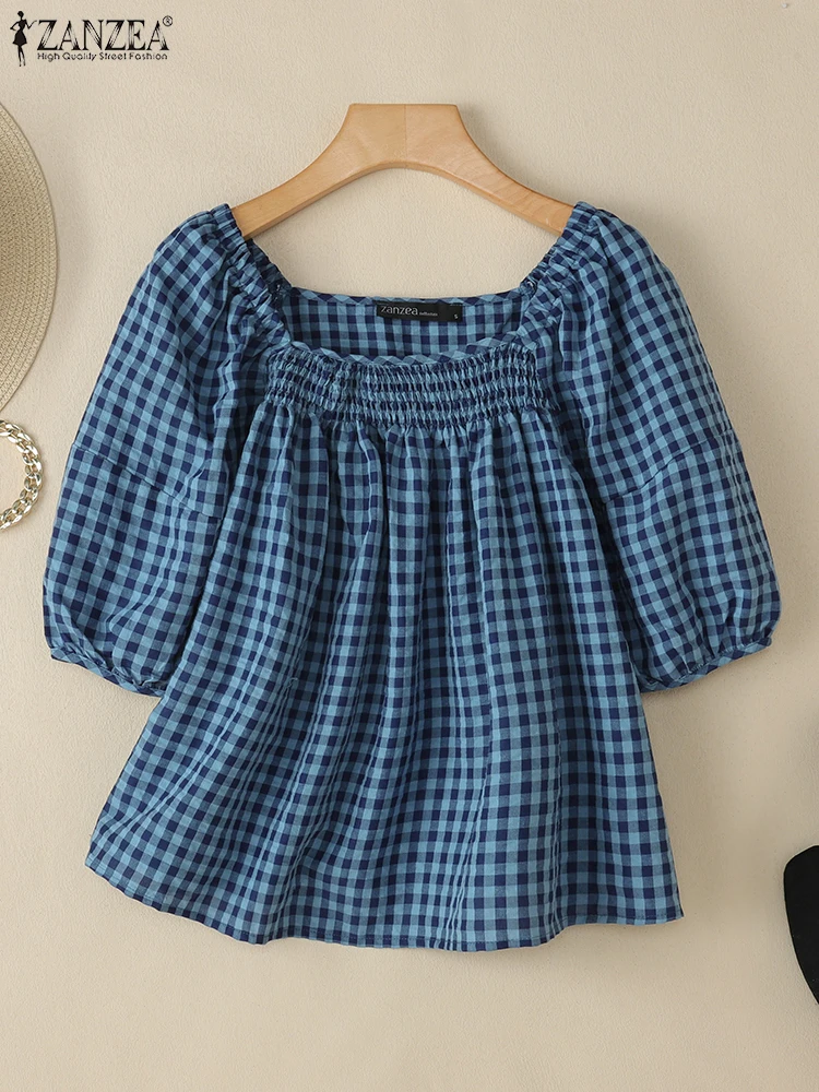 ZANZEA-Blusa de trabajo de manga corta con cuello cuadrado para mujer, camisa elegante de verano, Tops tipo túnica para vacaciones, camisa de gran tamaño 2025