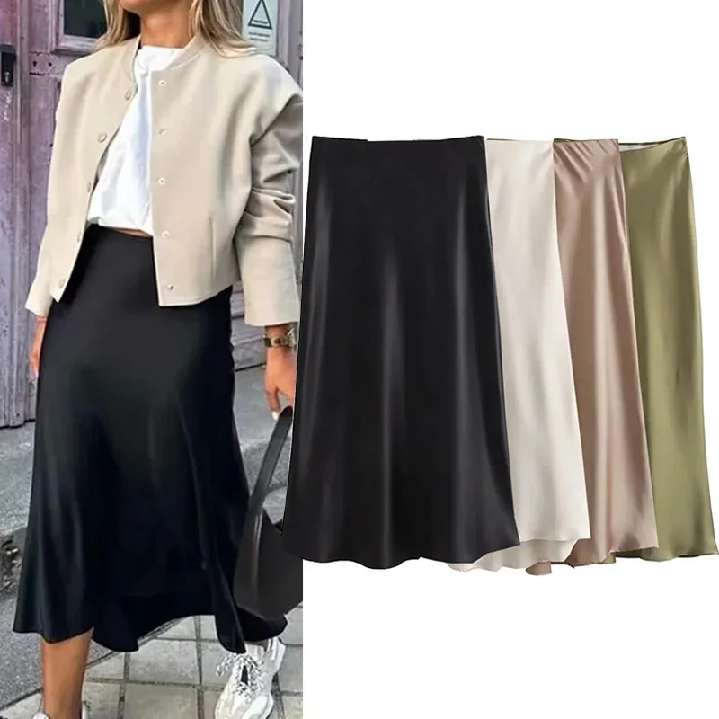 Willshela 2024 Black Satin Skirt Woman High Waist Elegant Long Skirts For Women Fashion Summer Midi Skirt Office Women's Skirts