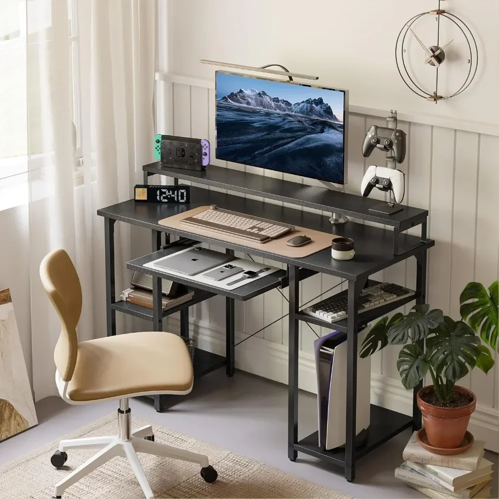 Computer Desk with Keyboard Tray, 47 Inch Office Desk with Monitor Stand and Storage Shelves, Music Studio Desk Workstationk